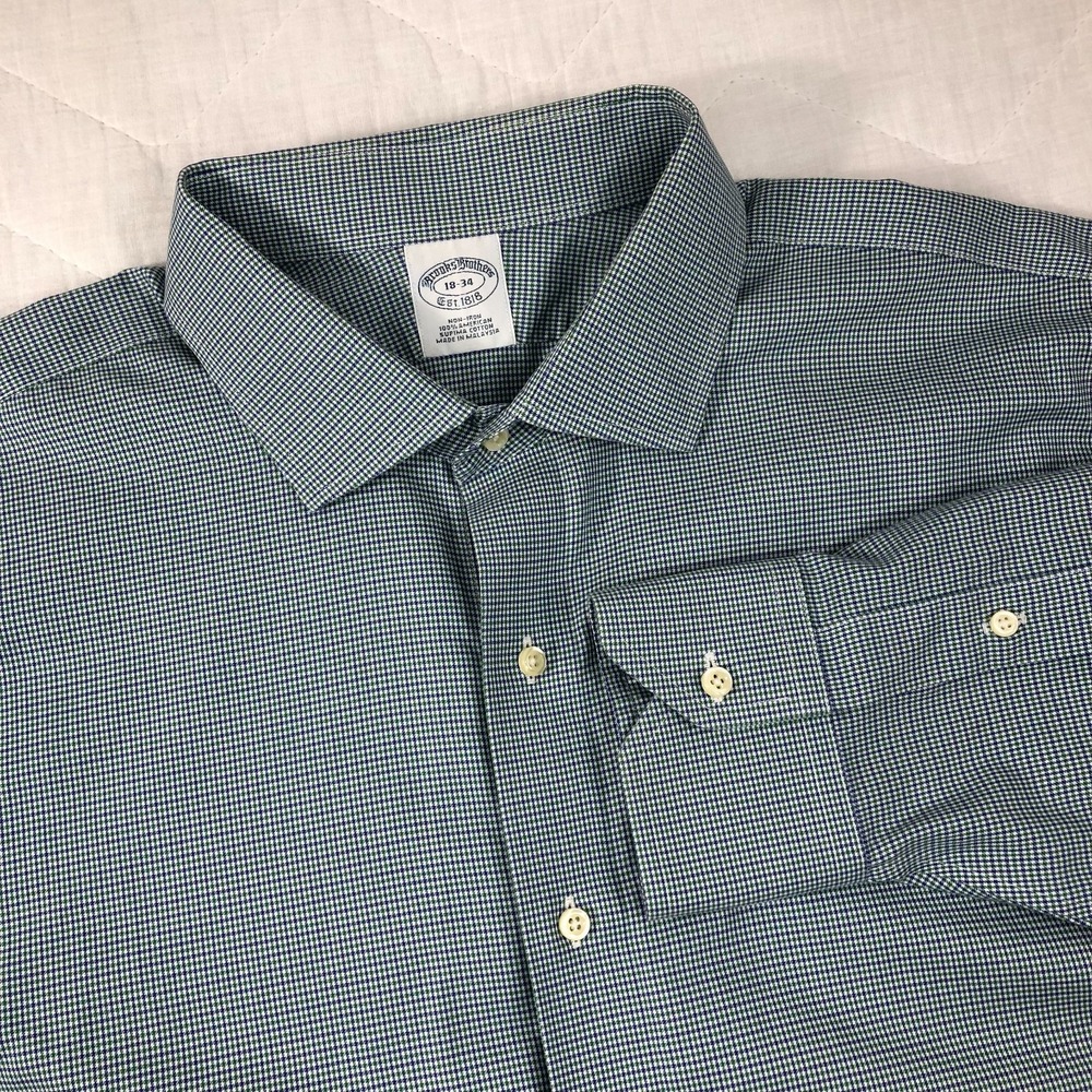 Brooks Brothers Shirt Men's 18 - 34 White Purple Green Plaid Checkered Button Up